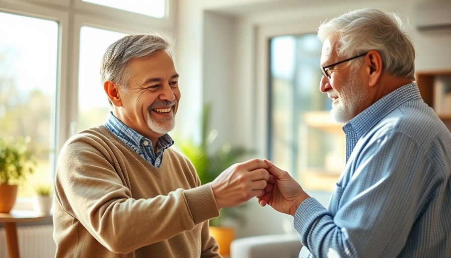 Caring moment as man assists elderly with medication - caregiving crisis