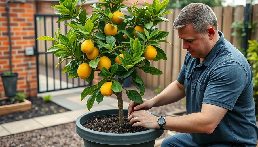 Man showcasing self-watering edible garden techniques in a backyard.