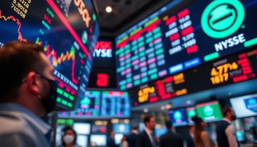 Dynamic stock market displays on trading floor with fluctuating graphs and numbers.