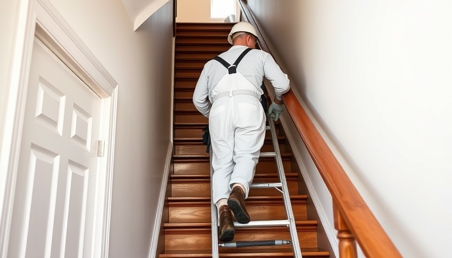 Ladder safety on stairs with worker in white overalls.