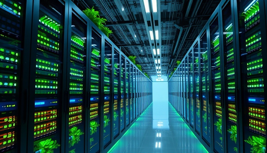 Futuristic data center with glowing servers highlighting environmental impact