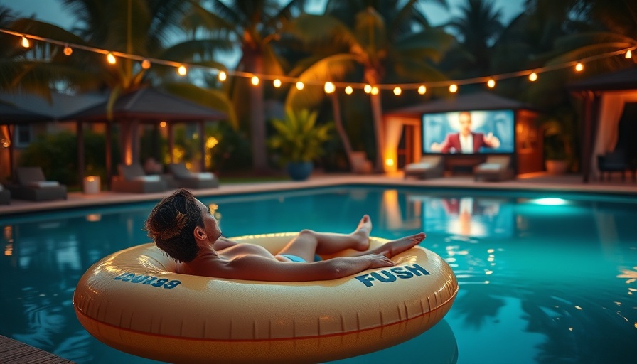 Outdoor movie night by the pool with inflatable ring and screen.