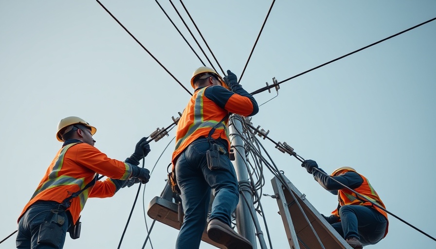Technicians maintaining an electrical tower for renewable energy in Indonesia.