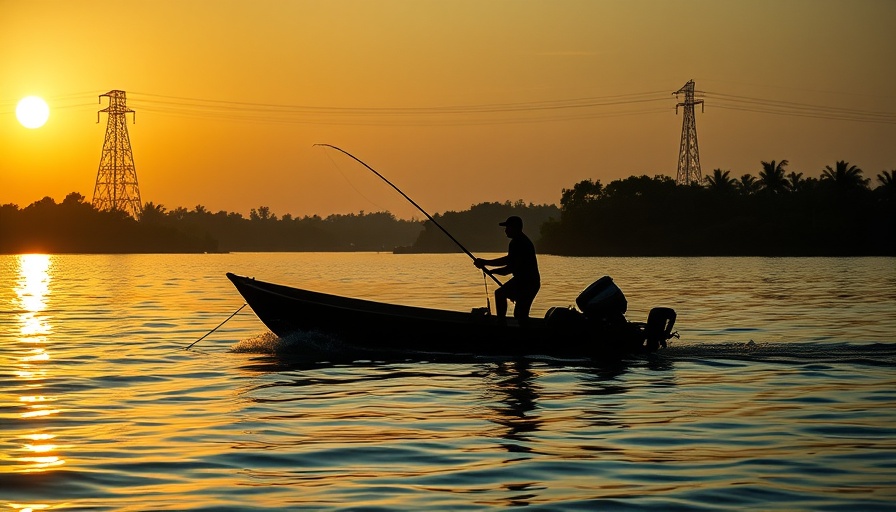 Fisherman at sunset near transmission tower, serene lake setting.