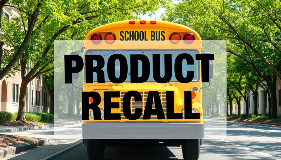 School bus with product recall sign highlighting fire risk.