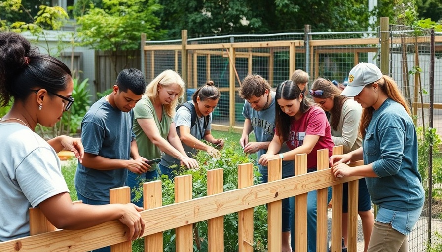 Volunteers building a fence for home renovation project.