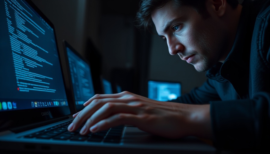 Hands typing on laptop in dimly lit room with digital screens.