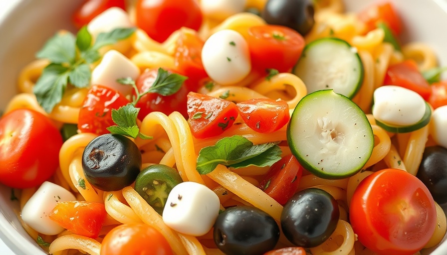 Vibrant summer pasta salad in white bowl, fresh ingredients.