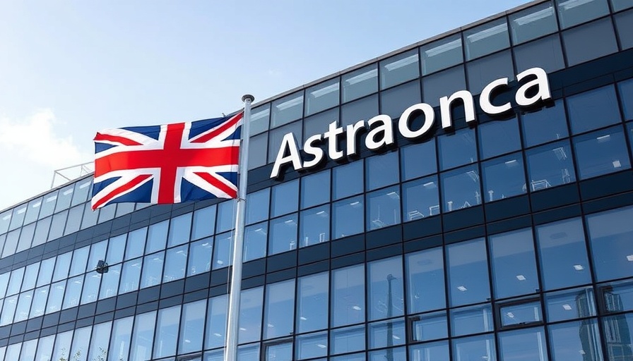 Big Pharma investments in Britain represented by AstraZeneca building with UK flag.