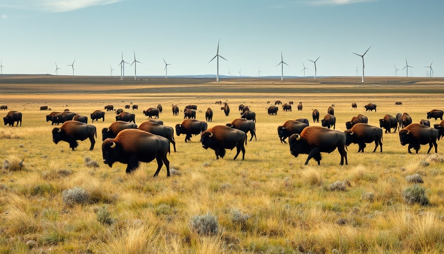 Bison grazing near wind turbines in rural landscape, Grain Belt Express wind energy.