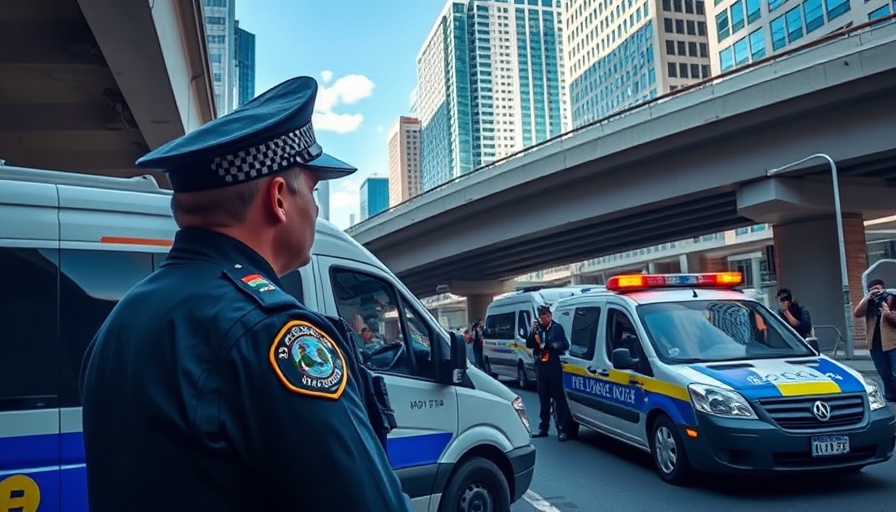 Police presence with photographers under city overpass during trial.