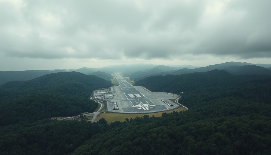 Aerial view of airbase amidst forested hills at Alaska Summit.
