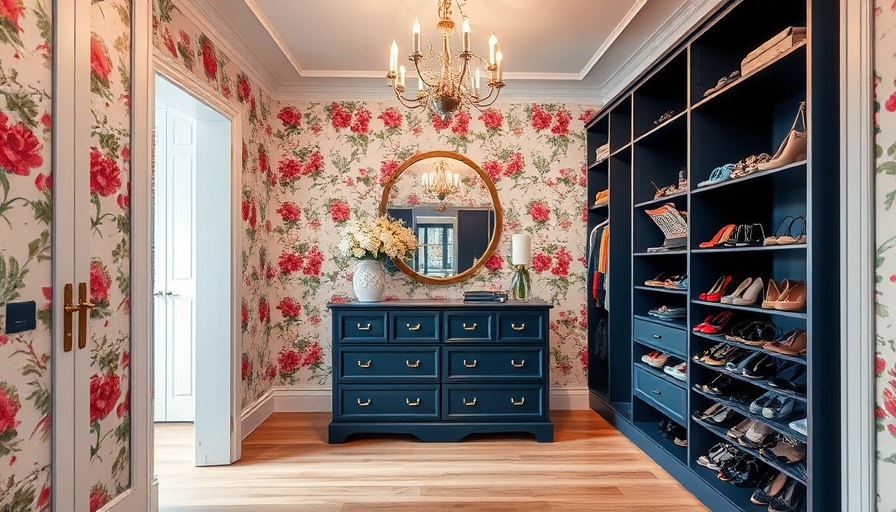 Luxurious walk-in closet conversion with floral wallpaper and chandelier.