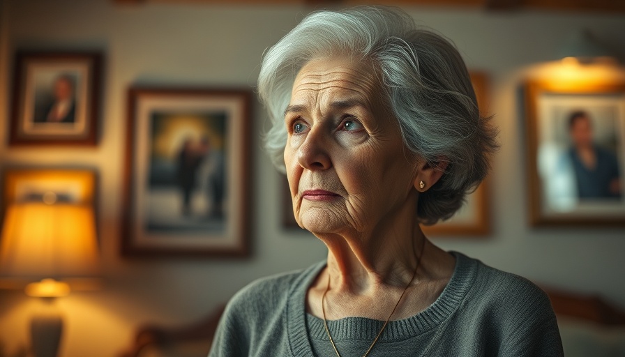 Elderly woman in senior living community setting with thoughtful look.