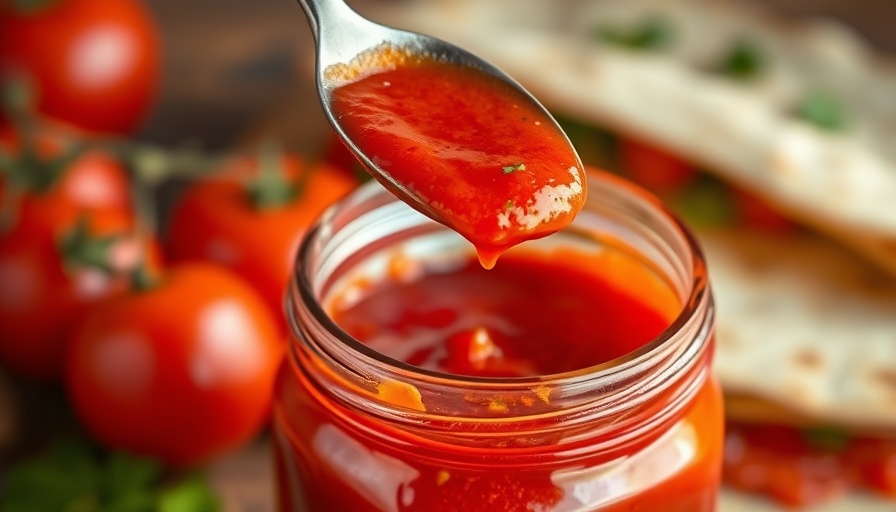 Homemade enchilada sauce recipe in a jar with spoon, close-up.