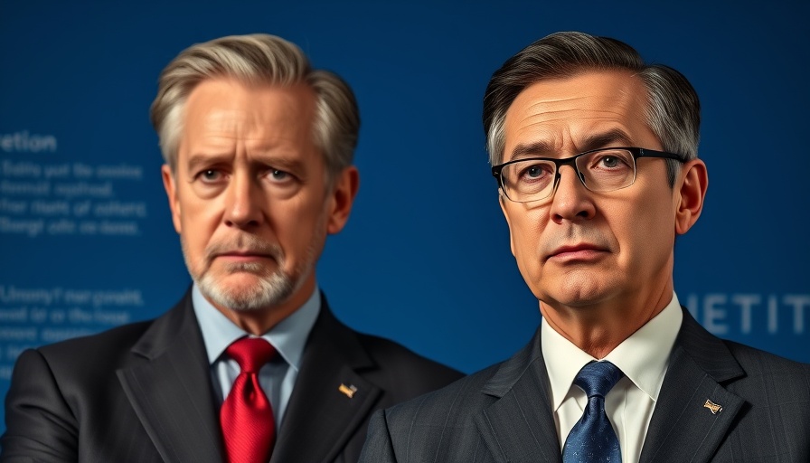 Prominent figures in suits against blue background.