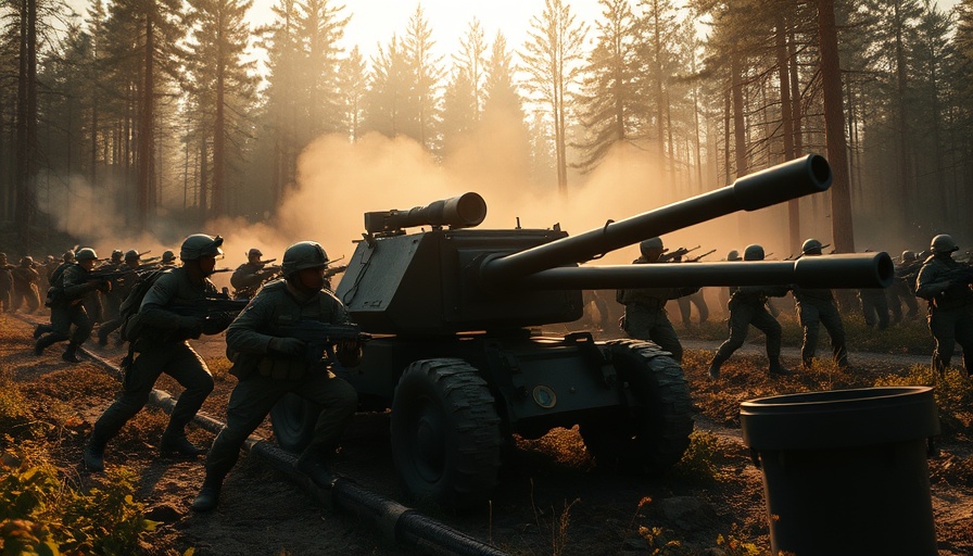 Soldiers operating artillery on a battlefield in Ukraine crisis support scene.
