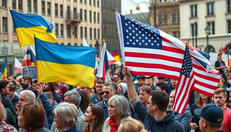 Protesters with flags at Anchorage summit event, advocating peace.