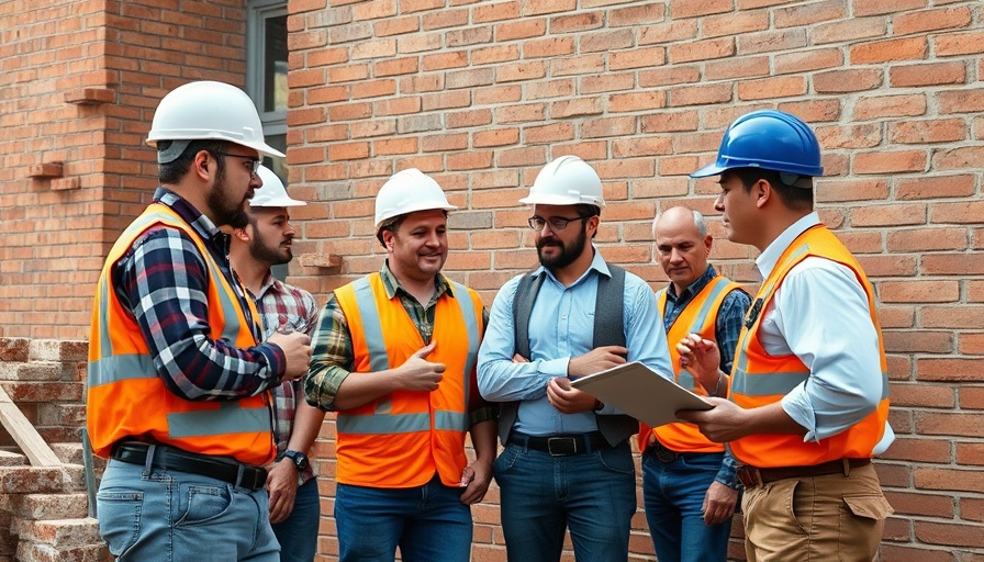 Construction workers discuss project plans, showcasing teamwork and expertise.