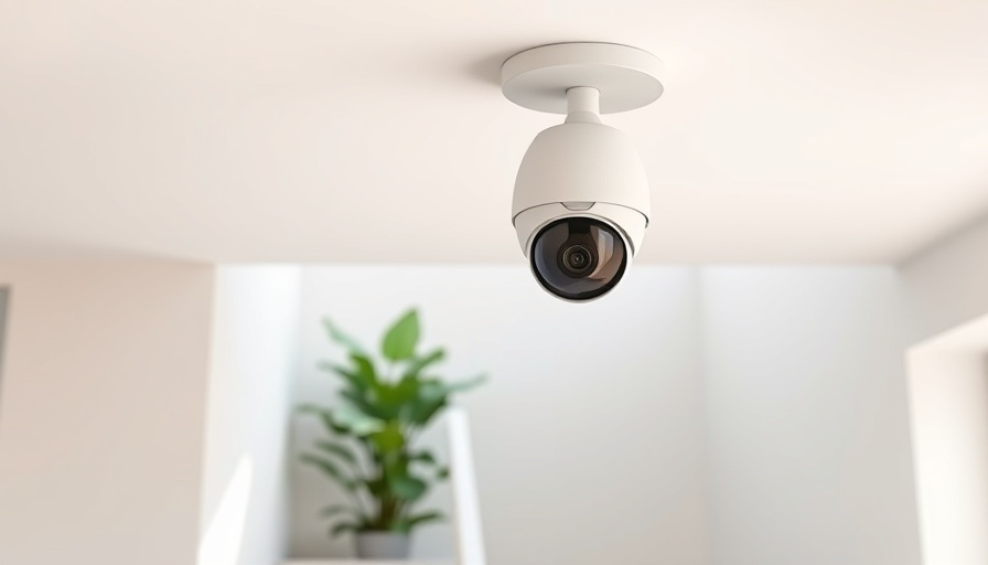 Security camera mounted on ceiling near staircase.