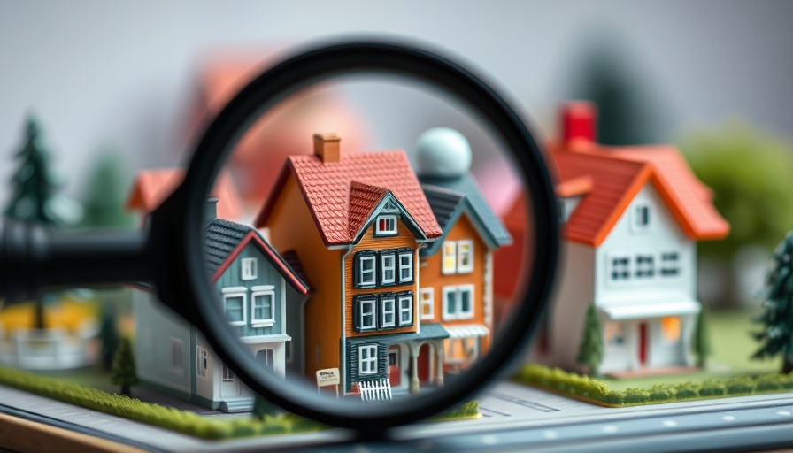Close-up of miniature houses with magnifying glass highlighting real estate analysis.