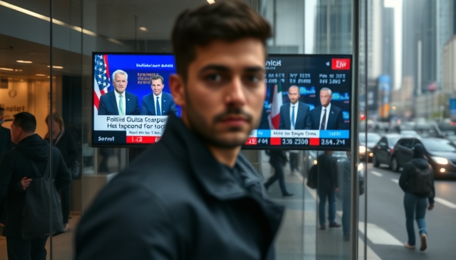 Blurred male foreground, TV showing stock market news on summit.