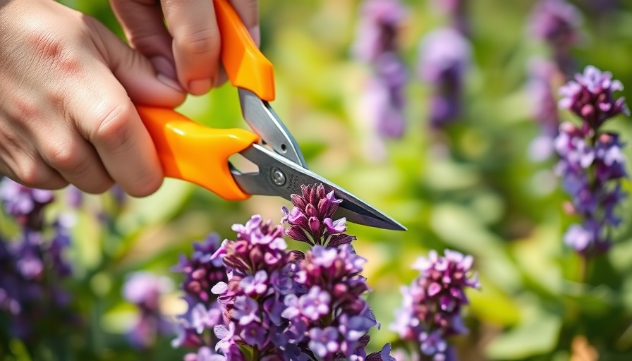 Deadheading flowers with orange shears in a garden.