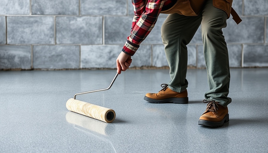 Individual applying epoxy on garage floor using a roller.