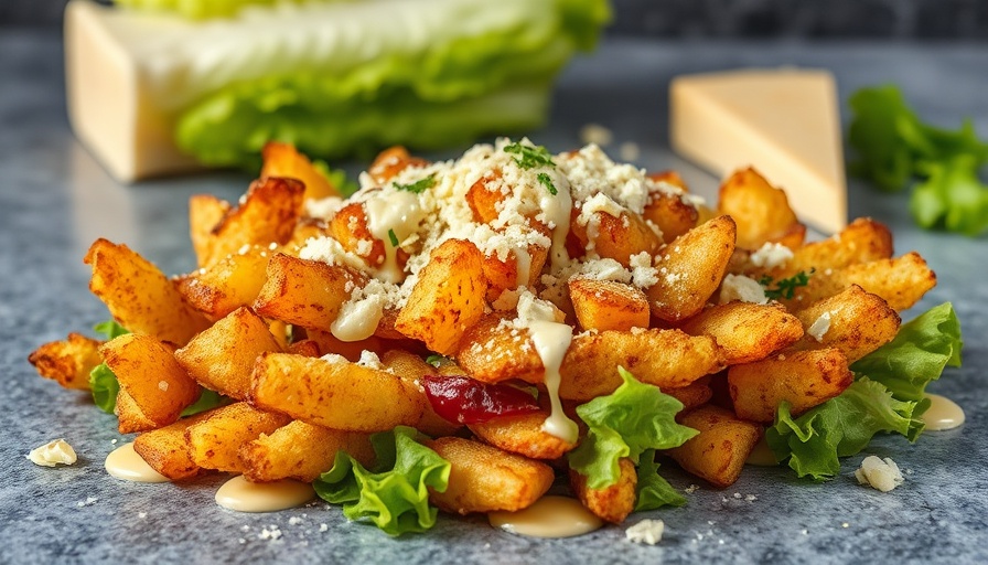 Crispy tater Caesar salad with cheese and dressing.