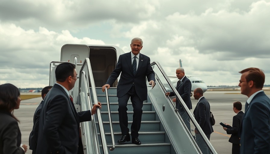 Political figure boarding plane surrounded by security, airport setting.