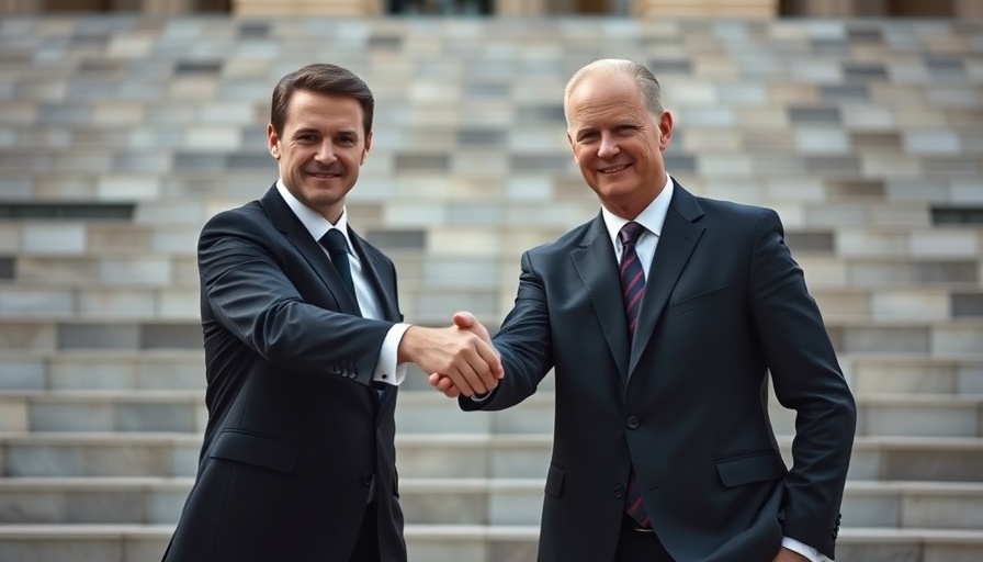 Leaders reaching to shake hands outdoors with blurred background.