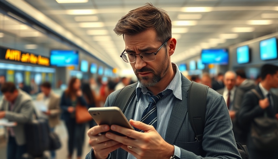 Frustrated traveler reacts to surging airfares at airport terminal.