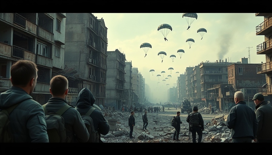 War-torn landscape in Gaza with residents and paratroopers.