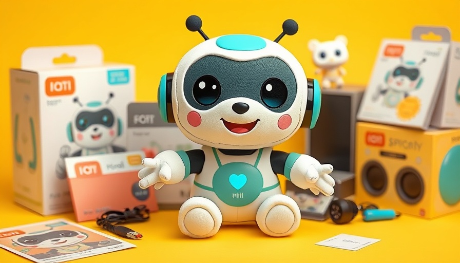 AI-powered stuffed animal for kids with packaging and accessories on yellow background.