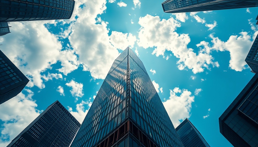 Imposing Canary Wharf tower in news with blue sky backdrop