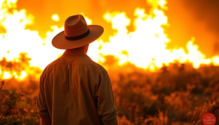 Man watching raging wildfire in Europe, dramatic scene