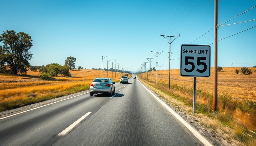 Open rural road with a speed limit 55 sign and vehicles moving.