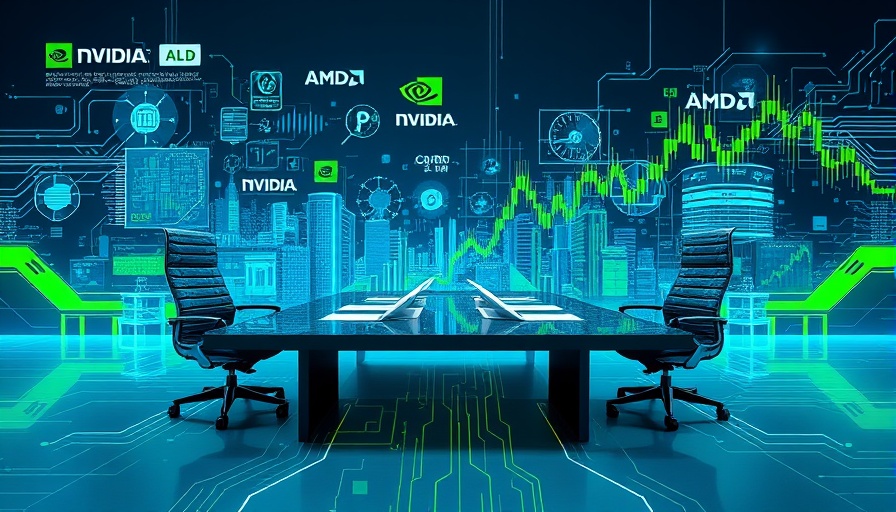 Futuristic scene of tech trade negotiation, Nvidia and AMD theme.