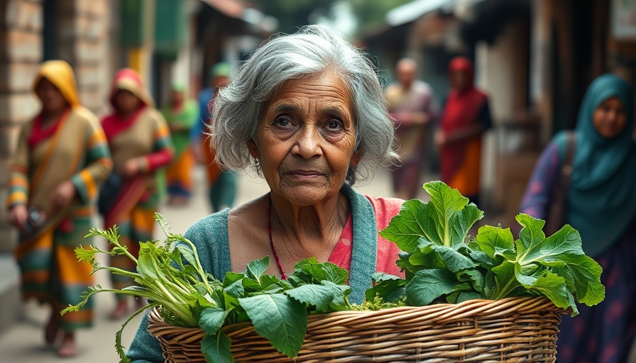 Elderly woman in China's rural community adapting with greens in basket.