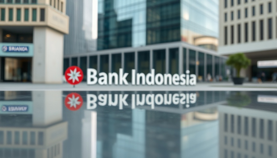 Bank Indonesia logo reflected on windows with urban backdrop