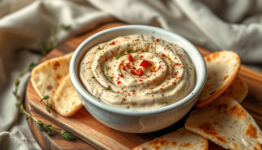 Easy baba ganoush recipe in a speckled bowl with herbs.