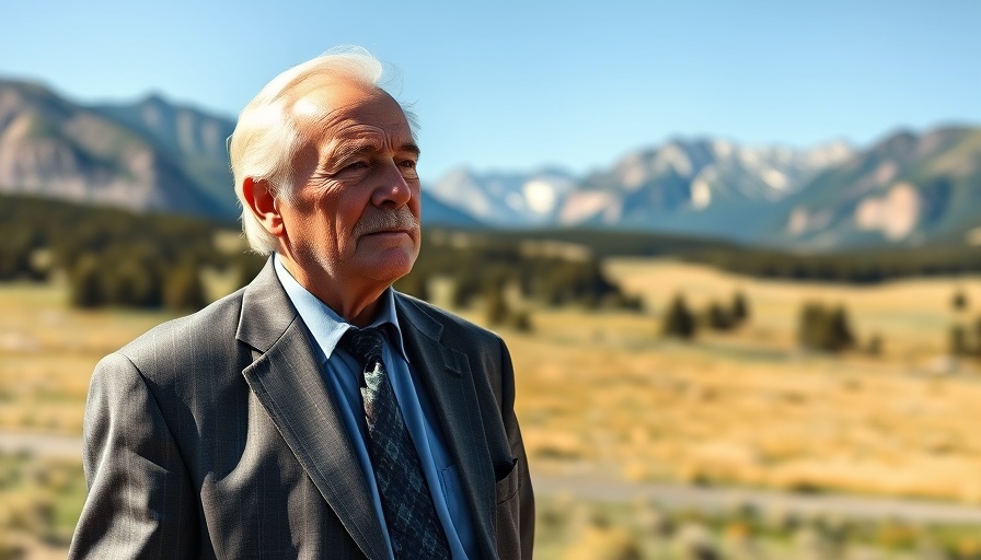 Man in a suit at Jackson Hole with mountainous backdrop.