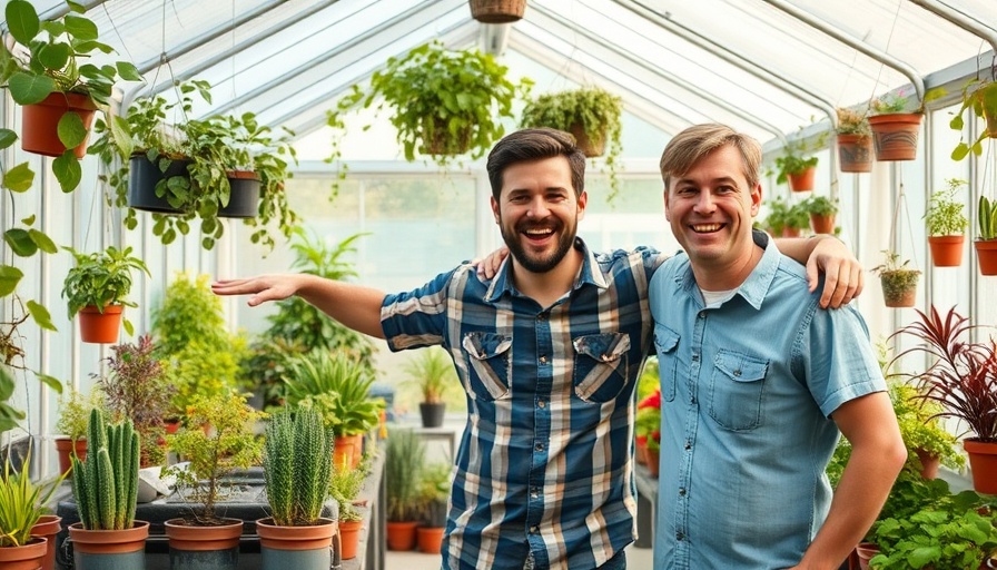 Two men in a recycled materials greenhouse filled with plants; Building a Low-Cost Greenhouse with Recycled Materials.
