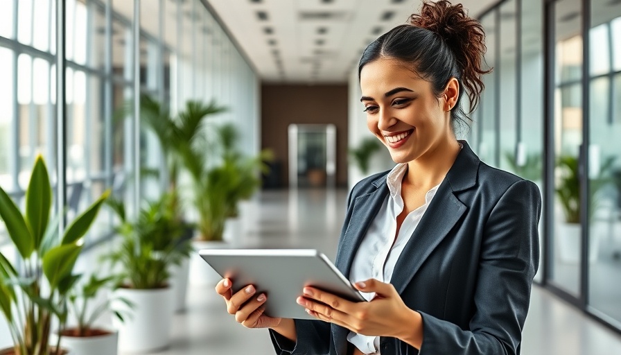 Businesswoman reviewing real estate contract in modern office.