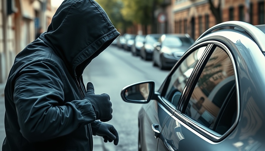 Hooded person attempting to steal a car, highlighting vehicle theft concerns.