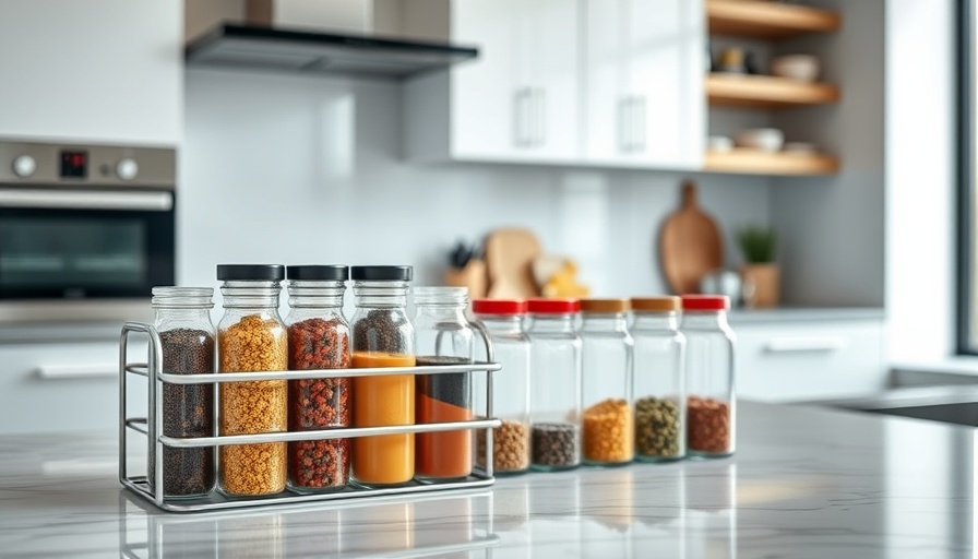 Modern spice rack with glass jars on marble countertop, spice rack ideas for better kitchen storage.