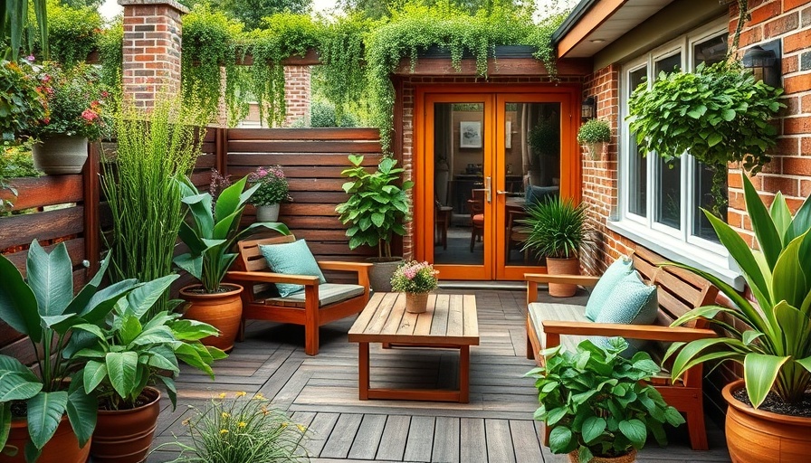Tiny backyard makeover featuring a cozy modern deck with lush plants.