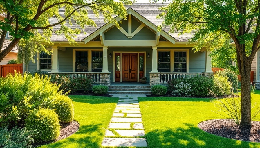 Charming Craftsman-style house, ideal for mortgages, lush front yard.