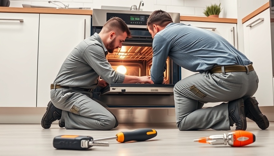 Technician installing modern oven in older home kitchen setup.