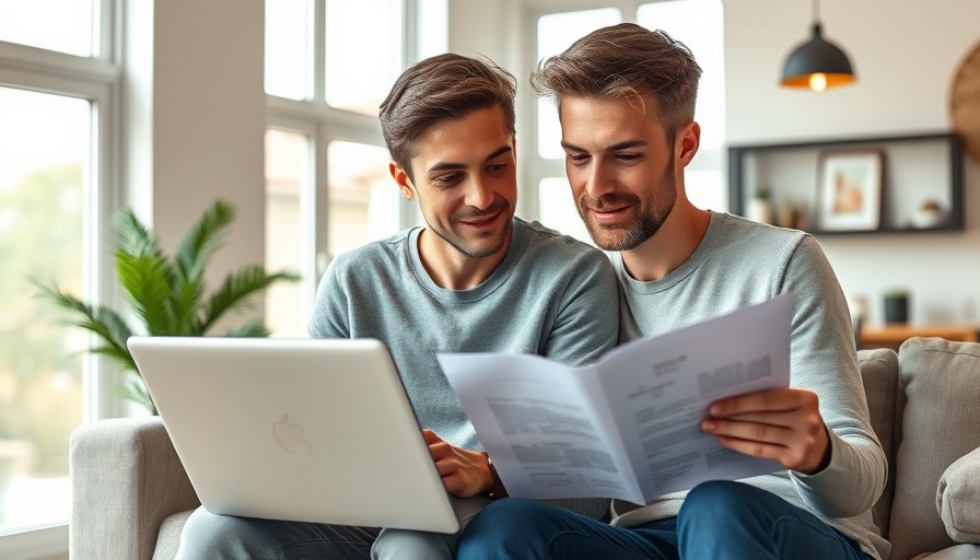 Young couple reviewing mortgage papers on a laptop in a cozy living room.